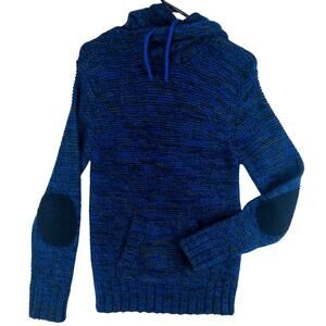 Wool Blend Knit Hooded Sweater Large Blue Elbow Patches Cowl Neck Big Smith